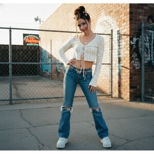 Y2K Yellow Rose Tie Front Crop Top Womens XL White Cottagecore‎ Soft Girl Grunge